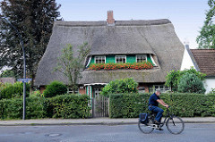 Wohnhaus mit Reetdach und Dachfenstern, blühende Geranien - Fischbeker Weg im Hamburger Stadtteil Neugraben-Fischbek.