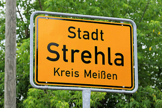 Stadtschild, Ortschild Stadt Strehla, Kreis Meißen.