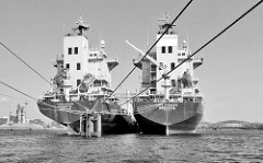 Die Frachtschiffe Cape Spea und Cape Spencer liegen an Dalben in der Norderelbe im Hambuger Hafen; re. der Holthusenkai, lks. der Kirchepauerkai.