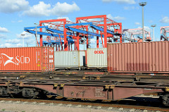 Containerzüge am EUROGATE Containerbahnhof im Hamburger Stadtteil Waltershof; im Hintergrund Containerkräne.