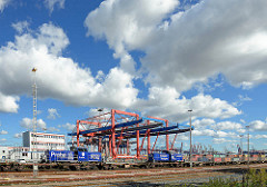 Portalkran auf dem Containerbahnhof des Container Terminals EUROGATE in Hamburg Wilhelmsburg - Lokomotiven Budapest und Praha der Metrans.