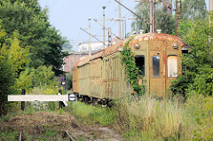Verrostete, stillgelegte Personenwaggons beim Güterbahnhof Toruń, Prellbock und hohes Gras - Rankpflanzen überwuchern den Eisenbahnwagen.