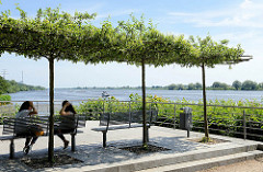 Promenade mit Sitzbänken unter Bäumen an der Elbe bei Geesthacht.
