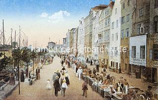 Historische farbige Ansicht aus Elbląg / Elbing; Markttag, Fischmarkt an der Hafenpromenade - geschlossene Häuserfront mit Geschäften, re. die Masten von Fisch-Ewern.