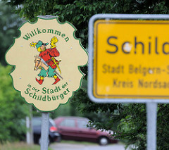 Ortssschild Schildau, Stadt Belgern-Schildau, Kreis Nordsachsen - Willkommen in der Stadt der Schildbürger.