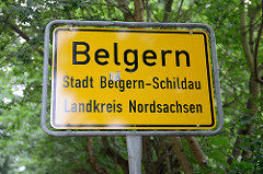 Ortsschild von Belgern; Stadt Belgern-Schildau, Landkreis Nordsachsen.