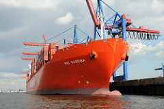 Die Rio Klasse der Reederei Hamburg Süd haben eine Gesamtlänge von 286,45 Metern, eine Breite von 40,00 Metern und bei einer Tragfähigkeit von 80.455 Tonnen einen Tiefgang von 13,50 Metern. Die RIO MADEIRA liegt unter den Containerbrücken des HHL