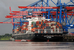 Der Containerfrachter Bunga Seroja Satu liegt unter den Containerbrücken vom Hamburger Containerterminal Altenwerder.