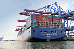 Heck des Containerschiffs Christophe Colomb im Hamburger Hafen / Terminal Burchardkai.