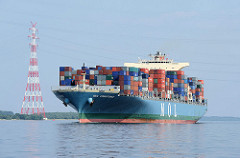 Containerfrachters MOL COMPETENCE mit der Ladung Container an Deck - der Frachter kann 8110 20ft. Container transportieren.