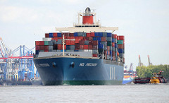 Das 2002 erbaute Containerschf MOL PRECISION läuft aus dem Hamburger Hafen aus - im Hintergrund die Containerbrücken des Terminal am Burchardkai. Der Frachter MOL PRECISION kann bei einer Tragfähigkeit von 73063 t und einer Länge von 293m 6350 Co