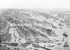 Historische Luftaufnahme der Hamburger Speicherstadt - lks im Vordergrund der Binnenhafen +  Zollkanal, re. das Kehrwiederfleet, Sandtorhafen / Grasbrookhafen. Rechts oben der Segelschiffhafen und der Hansahafen, dahinter der Moldauhafen.