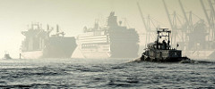 Abenddunst / Nebel im Hamburger Hafen - ein Containerfrachter und Kreuzfahrtschiff auf der Elbe - hochgefahrene Containerbrücken, ein Lotsenschiff in Fahrt.