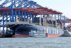 Hamburg Touristen auf einer Hafenrundfahrt mti einem Raddampfer vor dem Containerriesen CMA CGM CALLISTO am HHLA Terminal Burchardkai.