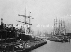 Historische Ansicht vom Hamburger Baakenhafen; Binnenschiffe / Elbkähne und Frachtschiffe ( Dampfer, Segelschiffe) liegen am Kai; re. moderne Halbportalkräne. ( ca. 1895)