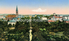 Altes kolorierte Luftbild von Wilhelmshaven, Links die Christuskirche in der Mitte das Stationsgebäude, rechts der Wasserturm.