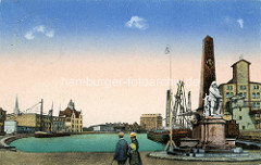 Historische colorierte Ansicht vom Hafen in Münster - Speichergebäude und Binnenschiff - Denkmal eines Seemanns in Ölzeug.