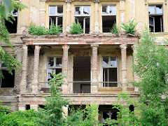 Verfallene Villa mit einem  säulengestützten Balkon im Buschmühlenweg von Frankfurt/Oder. Die Fensterscheiben sind zerbrochen, der Putz abgebröckelt - Birken / junge Bäume wachsen in den Mauerritzen.