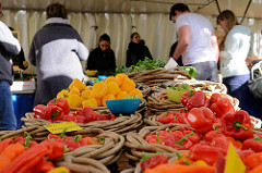 Marktstand mit frischem Gemüse auf dem Wochenmarkt Tibarg im Hamburger Stadtteil Niendorf; verschiedene Paprikasorten liegen in  Weidenkörben.
