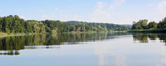 Westoder auf dem Weg nach Stettin; dichter Baumbestand bis ans Ufer der Oder.