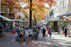 Fußgängerzone im Zentrum von Hamburg Neugraben, Herbstbäume in der Marktpassage.