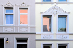 Hausfassade mit Stuckdekor - historische Mehrfamilienhäuser in der Brunsstraße im Hamburger Stadtteil Harburg, errichtet um 1903. Die denkmalgeschützten Wohnhäuser wurden von dem Architekten Hermann Wedemann entworfen.
