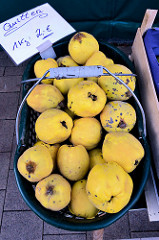 Wochenmarkt auf dem Marktplatz in Hamburg Rothenburgsort; Marktstand mit Obst und Gemüse, Korb mit gelben Quitten.
