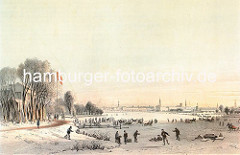 Historisches Hamburg-Motiv - Hamburgensie, Winter an der Aussenalster in Hamburg; ca.1850.
