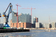 Blick  über das Hamburger Hafenbecken Südwest Hafen im Stadtteil Kleiner Grasbrook zum Ende des Kamerunkais. Auf der anderen Seite der Elbe das fast fertiggestellte Gebäude der Elbephilharmonie.