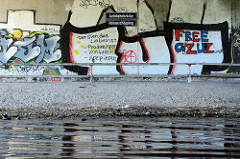Graffiti am Brückenträger der Autobahnbrücke Hohenschöpping über die Havel; Der Sinn des Lebens: produzieren, konsumieren, krepieren.