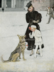 Werbung für das Deutsche Rote Kreuz - Schäferhund mit Spendendose, Dame im Pelz - ein Kind gibt freudig eine Münze.