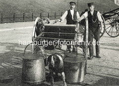 Historische Bilder aus der Hansestadt Hamburg -  Zwei Milchhändler führen ihren Milchkarren an denen Milchkannen hängen - ein Arbeitshund ist als Zugtier angekettet.