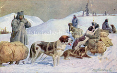 Arbeitshunde / Zughunde - u.a. Bernardiner - mit bepackten Schlitten und bewaffneten österreichischen Soldaten im Schnee machen eine Pause.