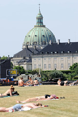 Liegewiese an der Hafenpromenade von Kopenhagen - im Hintergrund die Frederikskirche / Marmorkirche.