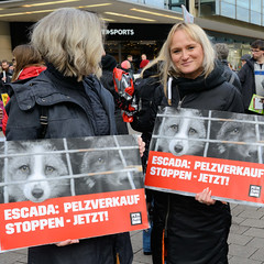 Demonstration gegen den Pelzhandel bei der Modekette ESCADA in der Hamburger Innenstadt. Demonstrantinnen mit Protestplakat - ESCADA: Pelzverkauf stoppen - jetzt!