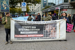 Demonstration gegen den Pelzhandel bei der Modekette ESCADA in der Hamburger Innenstadt. Transparent: Jährlich sterben über 50 Millionen Individuen für die "Ware Pelz" - Stoppt den systematischen Massenmord! Pelzhandel Boykottieren, Offensive gegen d