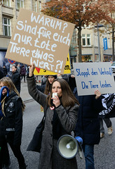 Demonstration gegen den Pelzhandel bei der Modekette ESCADA in der Hamburger Innenstadt. Protestplakate: Warum? sind für euch nur tote Tiere etwas wert + Stoppt den Verkauf! Die Tiere leiden!