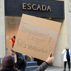 Demonstration gegen den Pelzhandel bei der Modekette ESCADA in der Hamburger Innenstadt. Selbstgemaltes Pappplakat: Tierquälerei stoppen! Pelz verbieten!
