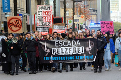 Demonstration gegen den Pelzhandel bei der Modekette ESCADA in der Hamburger Innenstadt. Transparent - ESCADA Pelzfrei, Tierausbeutung stoppen; Plakat - Warum ist Mord für Pelz legal?