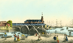 Colorierte Ansicht der Hamburger Kehrwiederbrücke und Kaiserspeicher.