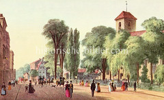 Historische Straßenansicht aus Ottensen - Blick auf die Christianskirche, Grab Klopstocks.