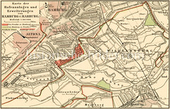 Alte Karte vom Hafengebiet in Hamburg, Altona und Wilhelmsburg.