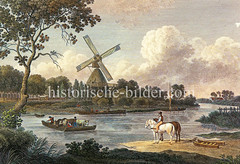 Historische Ansicht von der Dove-Elbe und der Mühle bei Reitbrook, ca. 1818.