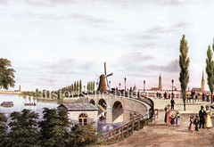 Historische Ansicht der Hamburger Lombardsbrücke  in der Neustadt - im Hintergrund die Kirchtürme der Altstadt (ca. 1835)