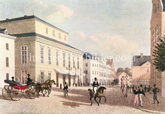 Alte Bilder aus der Dammtorstraße in der Hamburger Neustadt - Innenstadt. Hamburger flanieren auf dem Bürgersteig - Pferdedroschke + Reiter (1829).