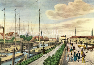 Alte Hamburger Ansicht / Hamburgensie vom Deichtor um 1835. Schiffe liegen im Oberhafen, die Oberbaumbrücke führt zum Ericus - dahinter die Türme der Hansestadt.