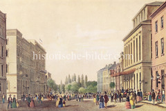 Alte Bilder aus der Dammtorstraße in der Hamburger Neustadt - Innenstadt.  Historisches Hamburg um 1840; die Bürger flanieren in Sonntagskleidung auf der Dammtorstrasse. Vor dem Stadttheater steht eine Pferdekutsche.