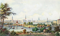 Historische Ansicht der Hamburger Aussenalster / Binnenalster - Blick über die Lombardsbrücke zum Jungfernstieg und den Kirchtürmen der Hansestadt, ca. 1865.