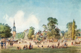 Historische Ansicht der Kirchenallee in Hamburg St. Georg - Blick zur Dreieinigkeitskirche, ca. 1855.