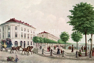 Hamburgensie der Hansestadt - Blick vom Jungfernstieg in den Neuen Jungfernstieg in der Hamburger Neustadt, ca 1830.